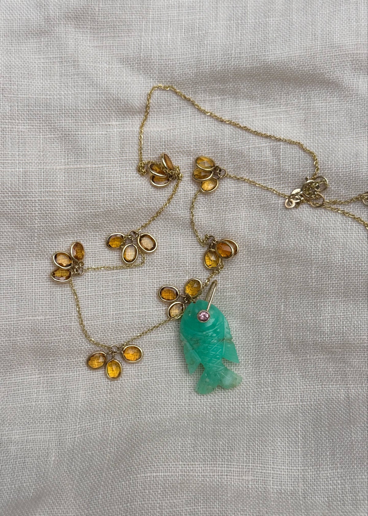 Orange Sapphire Necklace and Chrysoprase Fish