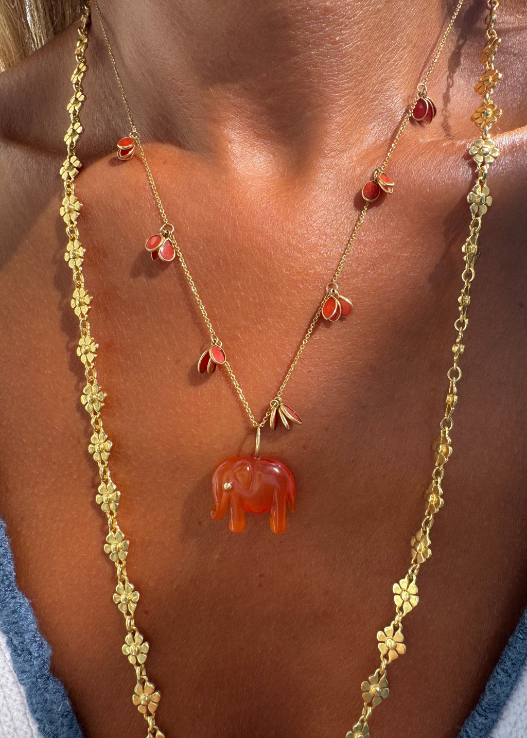 18K Gold Coral Necklace with Carnelian Chalcedony Elephant Pendant