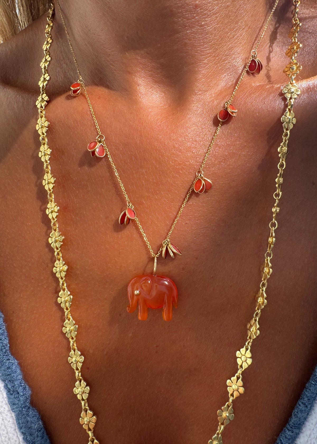 18K Gold Coral Necklace with Carnelian Chalcedony Elephant Pendant