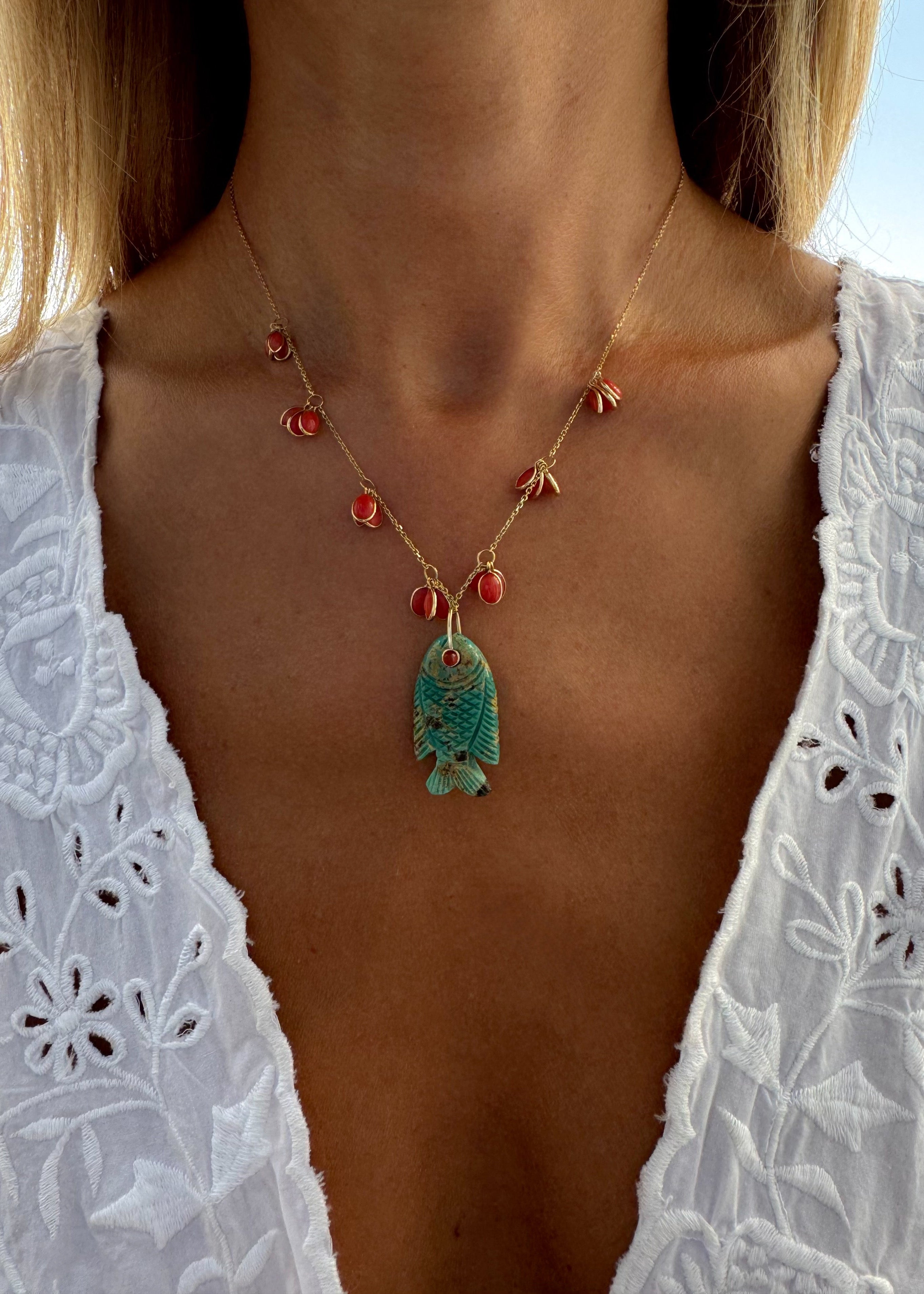Coral Necklace with Turquoise Fish