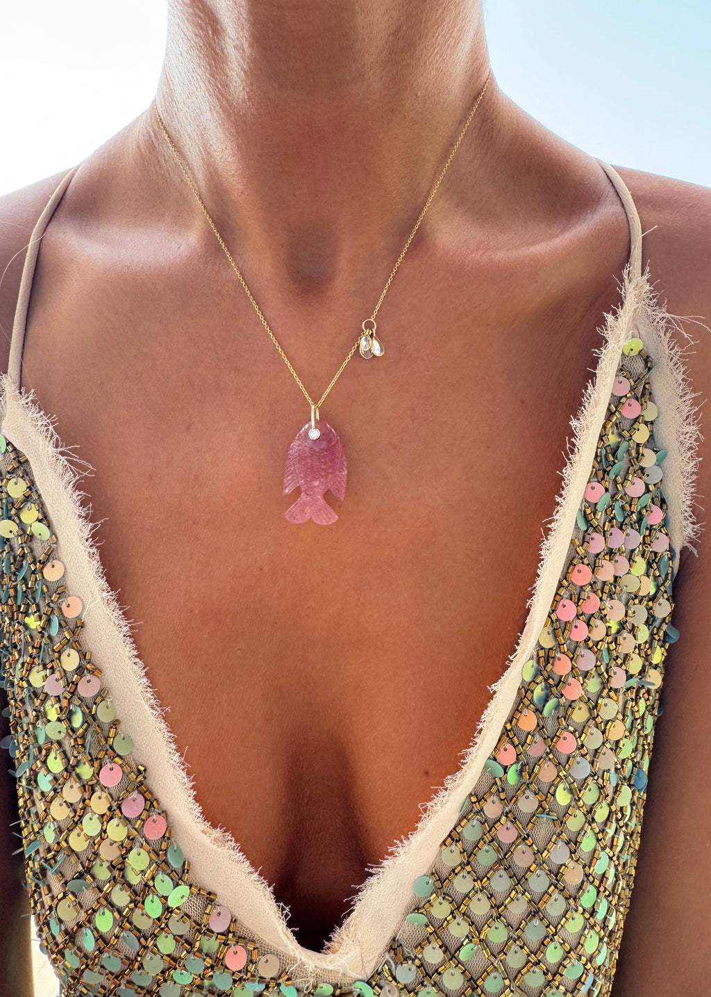Strawberry Quartz Fish Necklace with White Sapphire