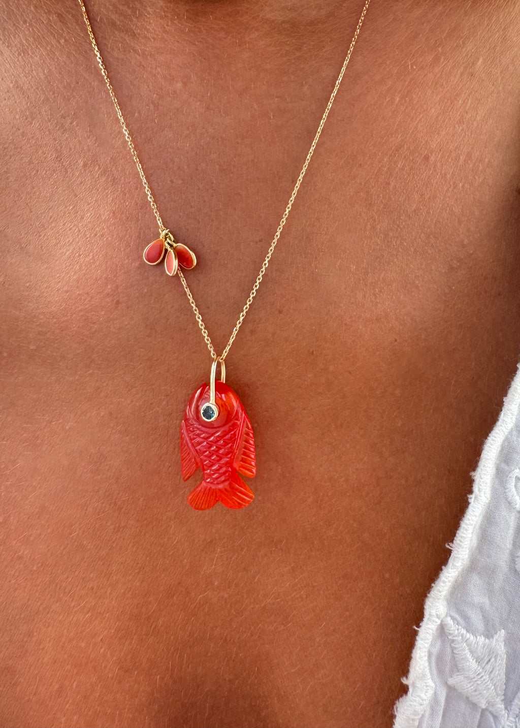 Carnelian-Chalcedony Fish & Coral Drop Necklace