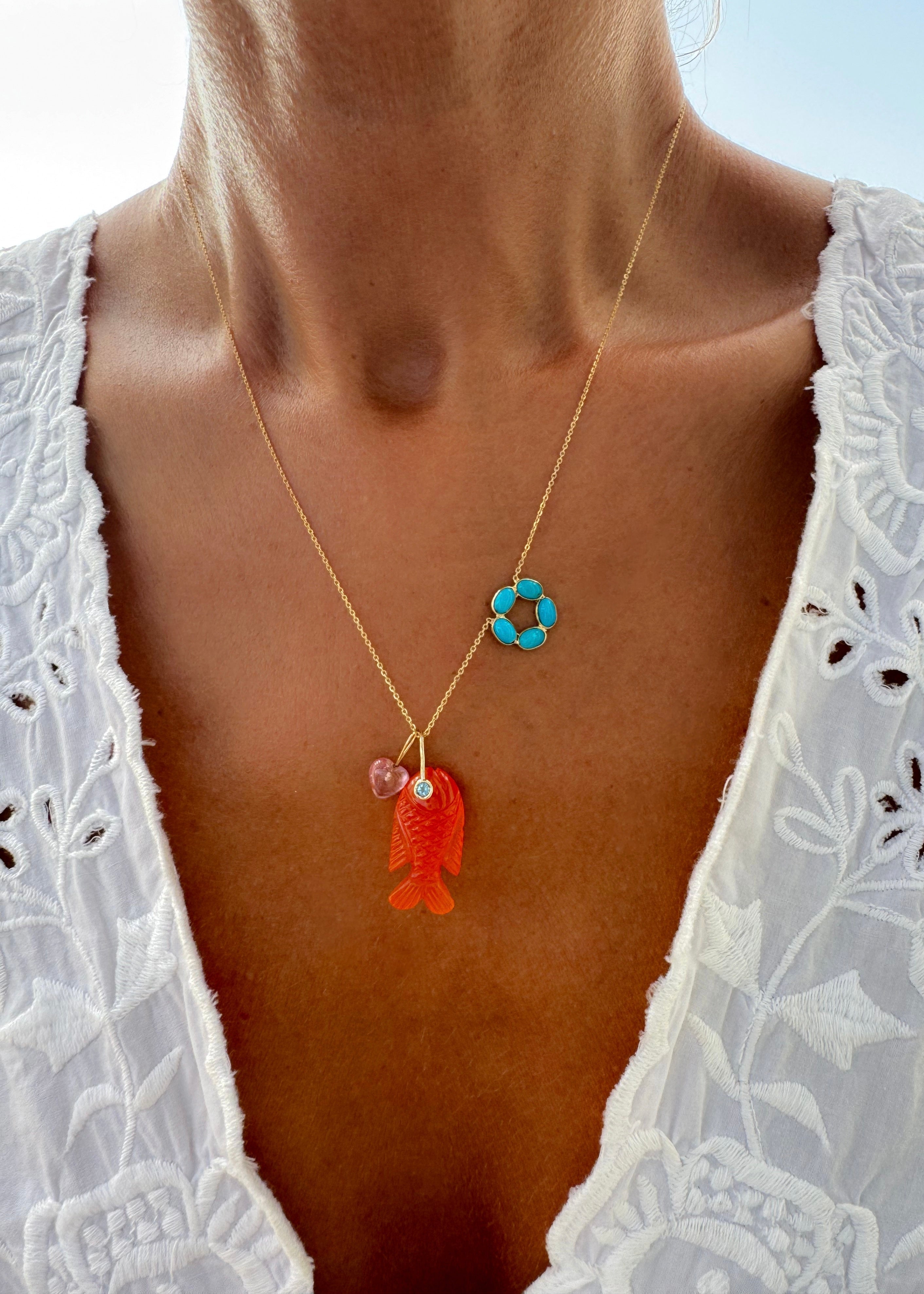 Turquoise Flower Necklace & Orange Chalcedony Fish