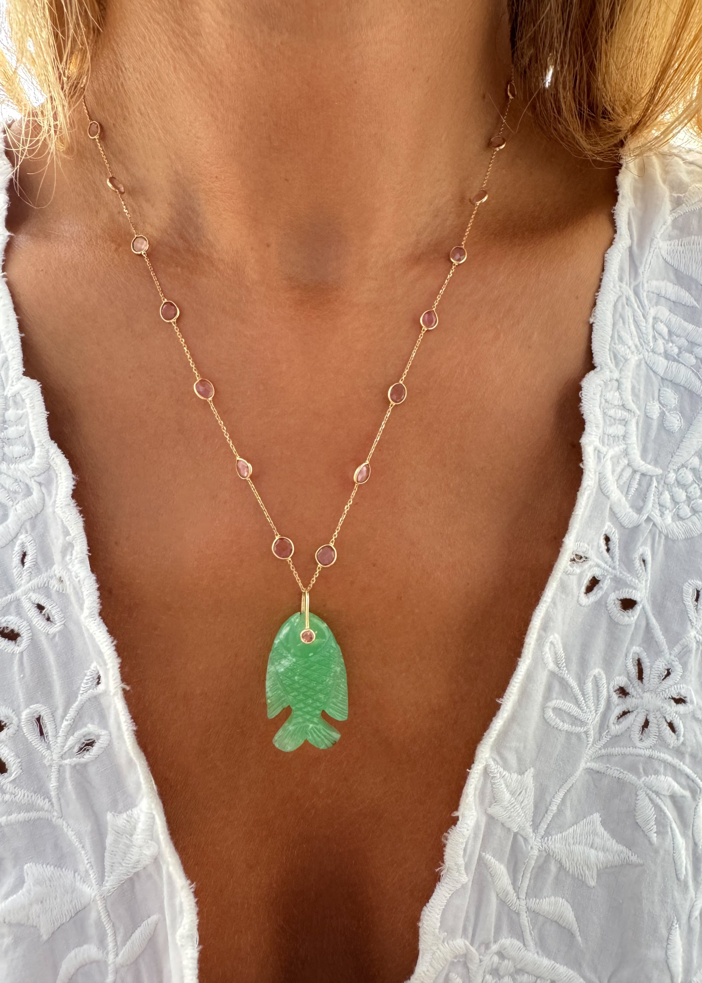 Pink Tourmaline Necklace with Chrysoprase Fish Pendant