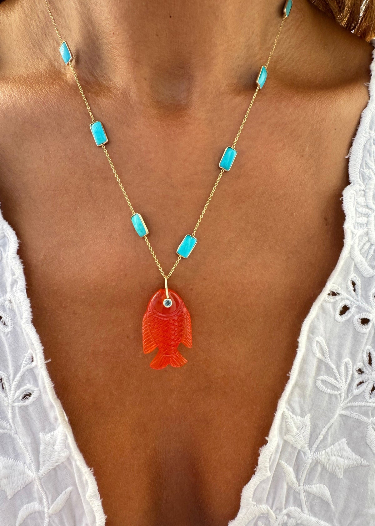 Turquoise Necklace & Orange Chalcedony Fish