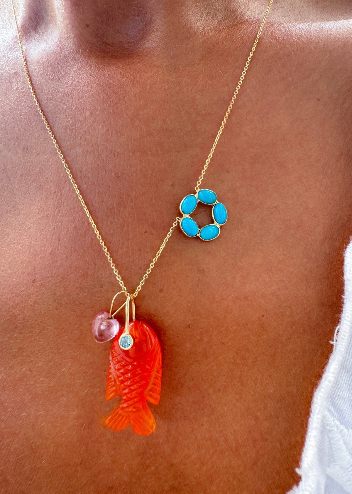Turquoise Flower Necklace & Orange Chalcedony Fish