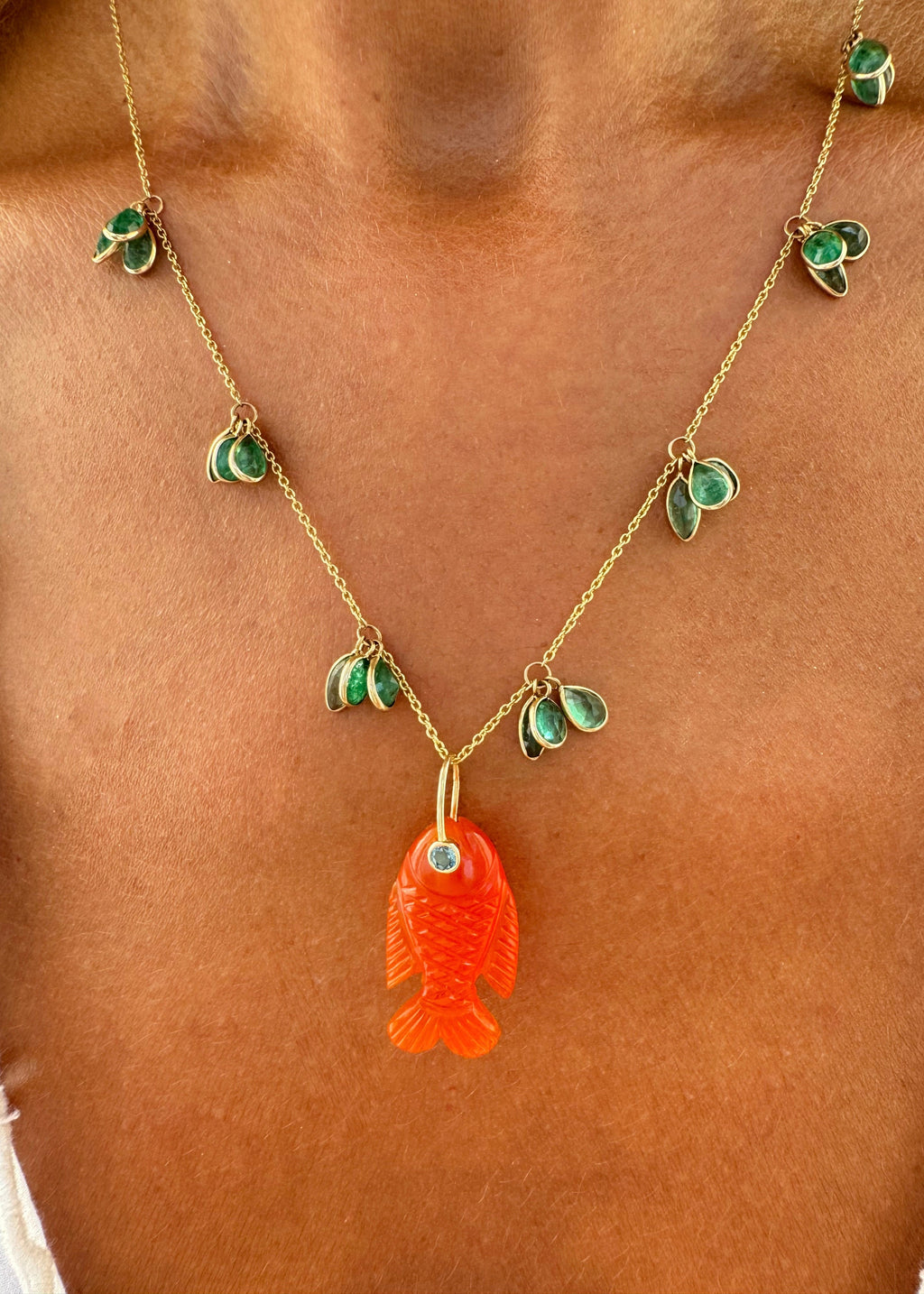 Emerald Drop Necklace & Orange Chalcedony Small Fish
