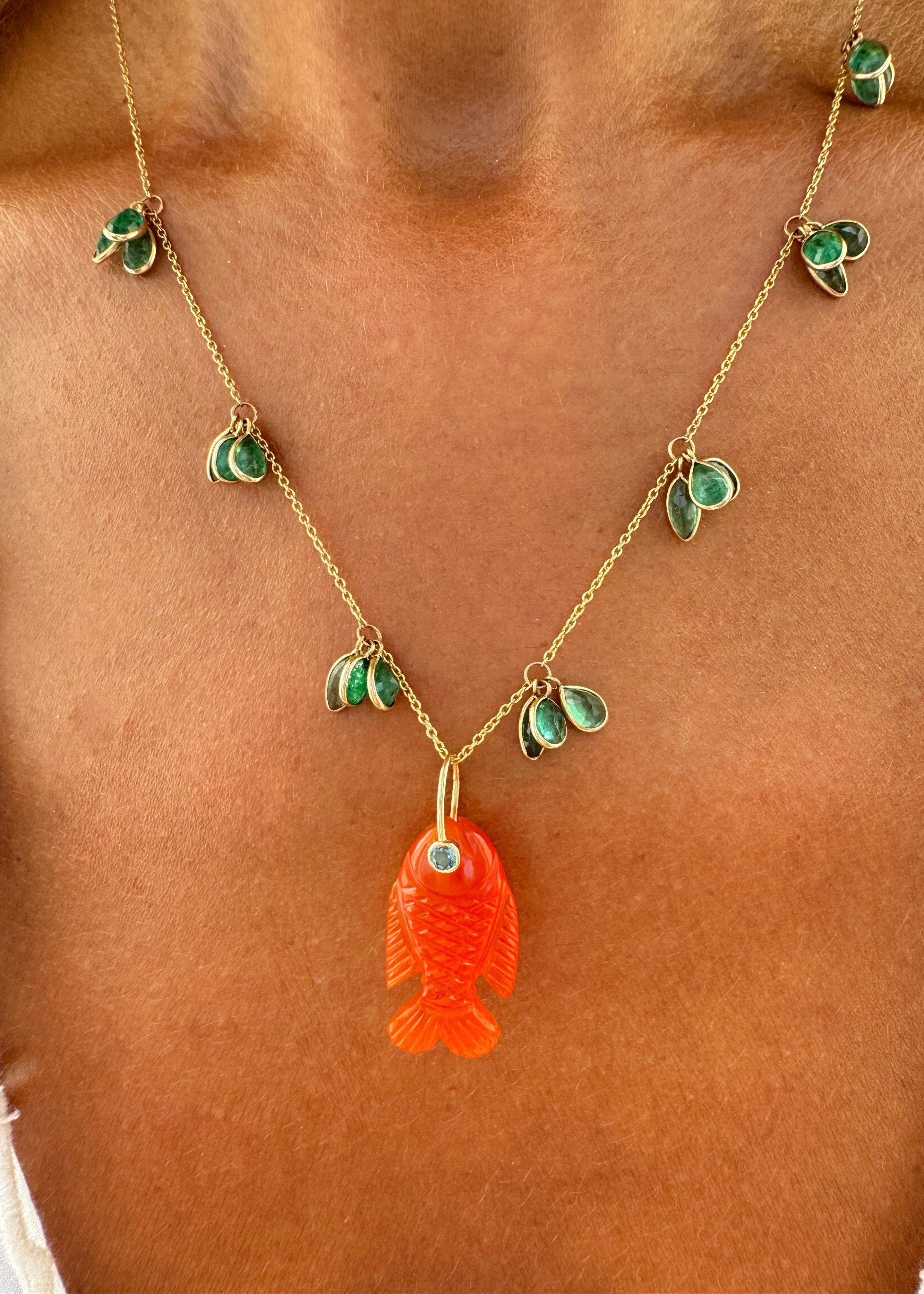 Emerald Drop Necklace & Orange Chalcedony Small Fish