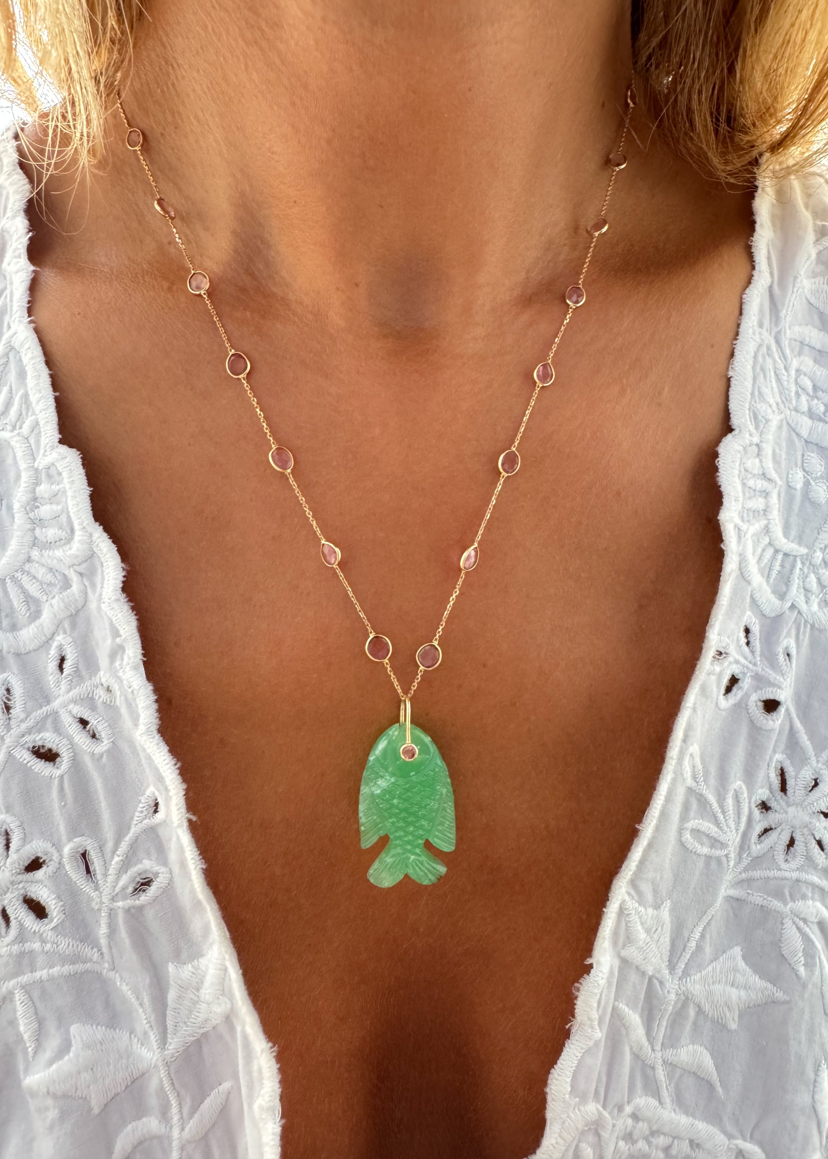 Pink Tourmaline Necklace with Chrysoprase Fish Pendant