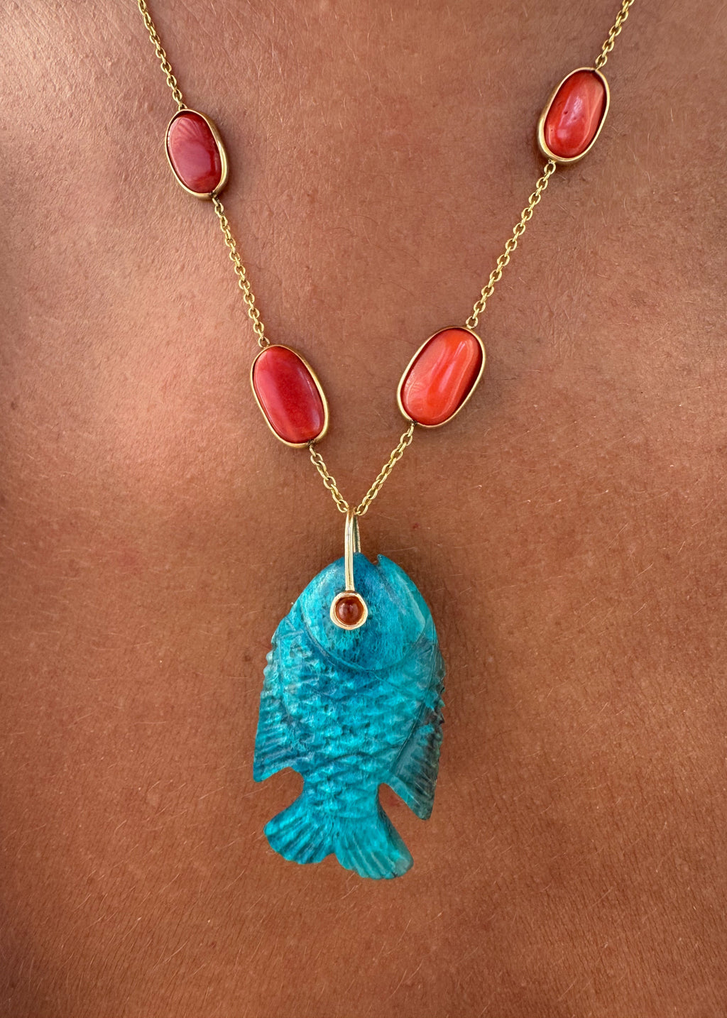 Coral Necklace and Chrysocolla Fish Pendant