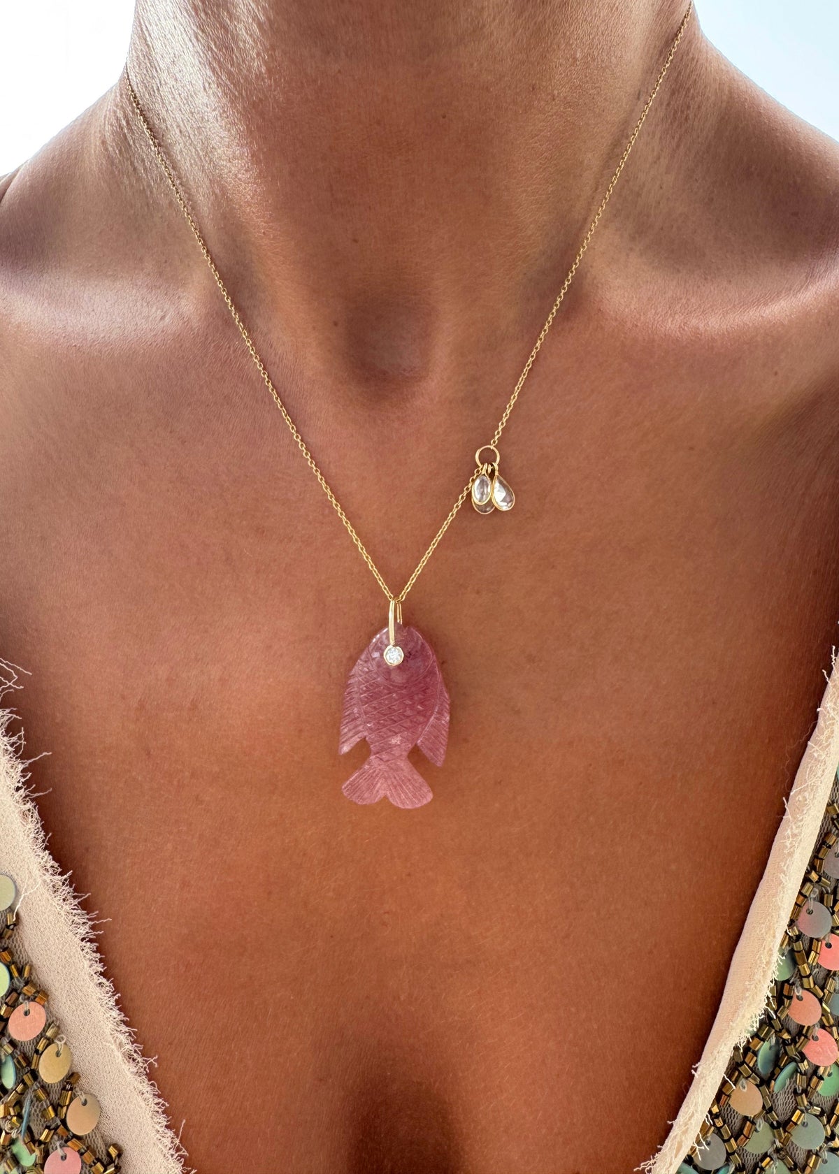 Strawberry Quartz Fish Necklace with White Sapphire