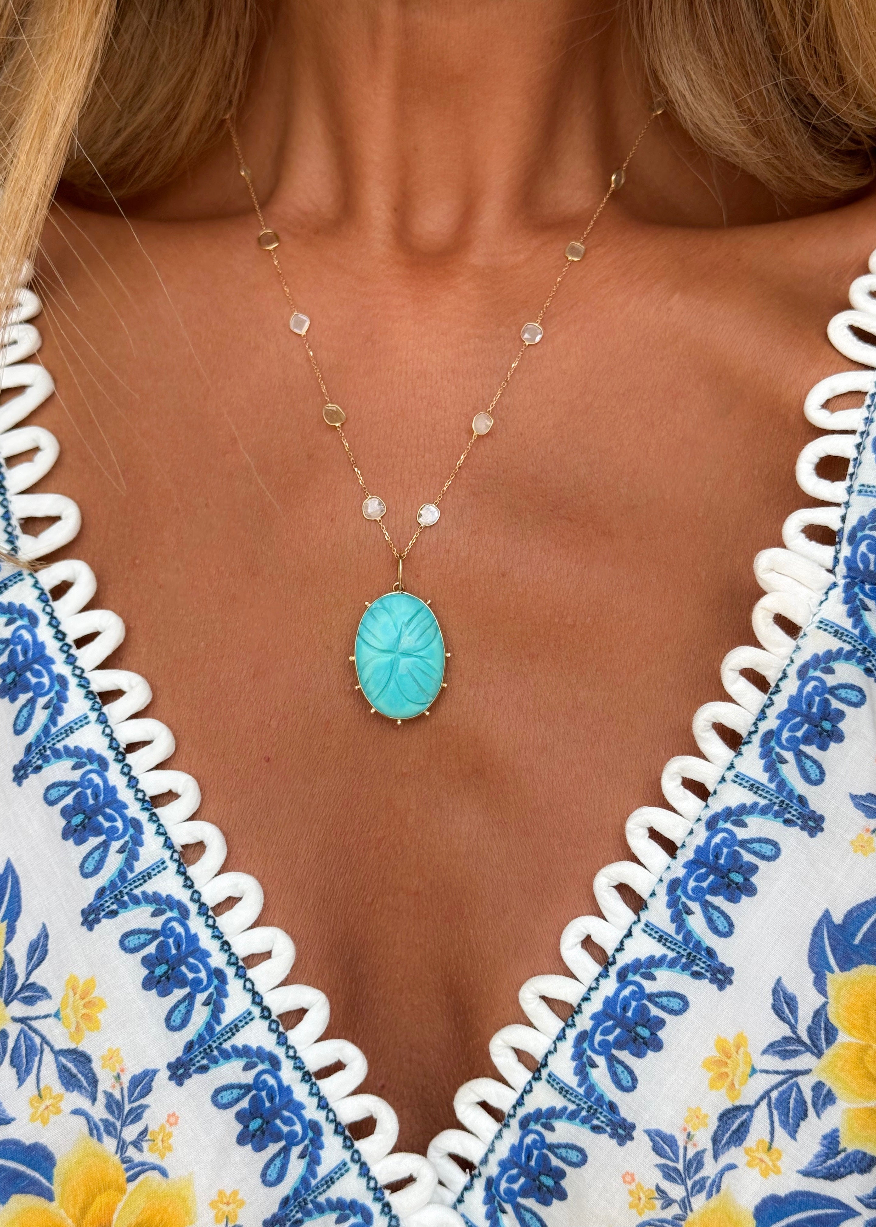 Polki Diamond Necklace and Howlite Turquoise Pendant
