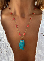 Coral Necklace and Chrysocolla Fish Pendant
