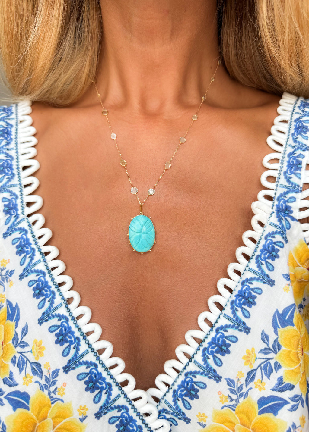 Polki Diamond Necklace and Howlite Turquoise Pendant