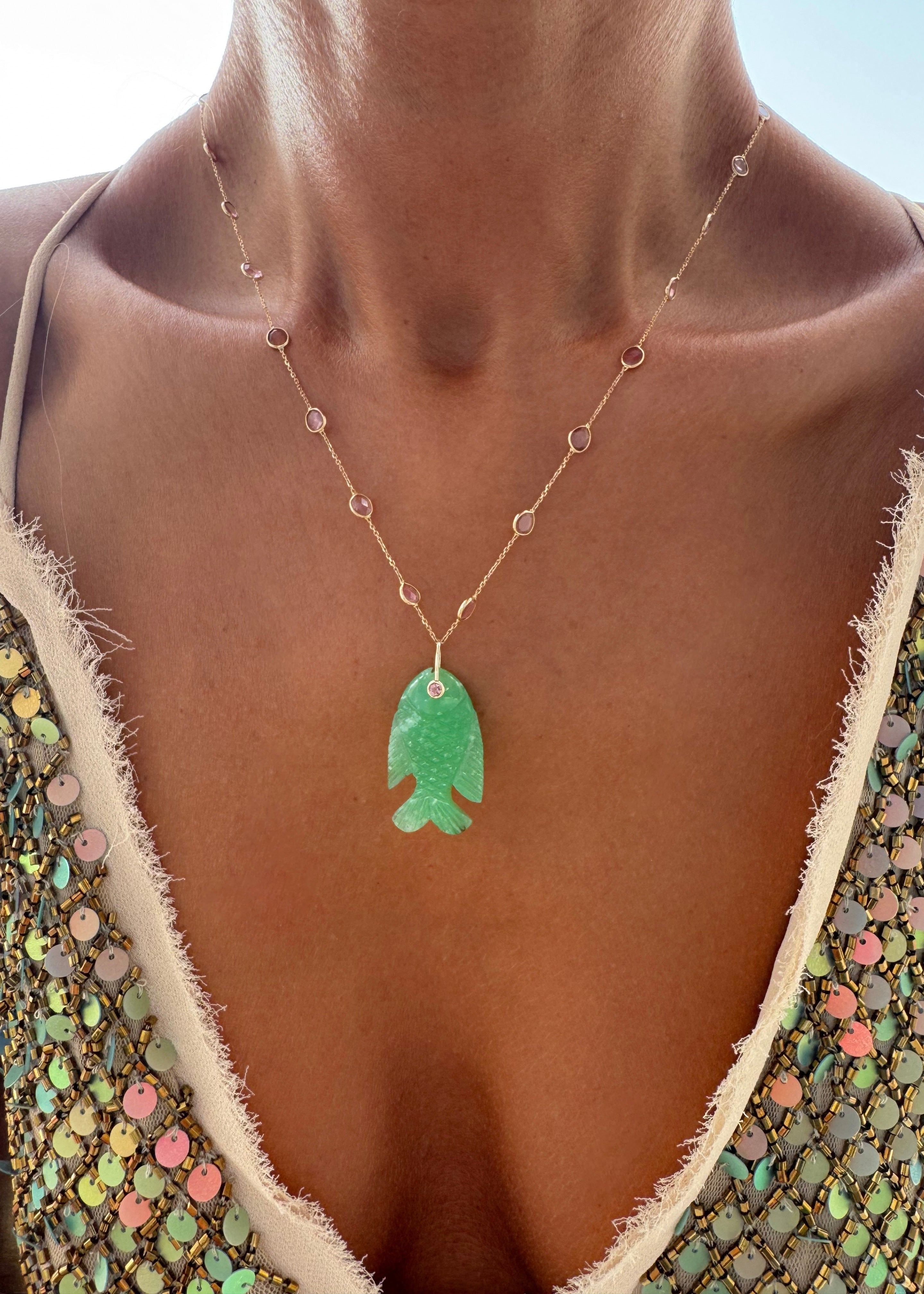 Pink Tourmaline Necklace with Chrysoprase Fish Pendant