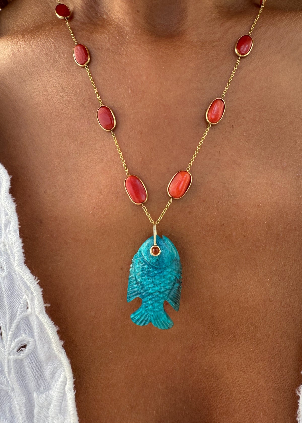 Coral Necklace and Chrysocolla Fish Pendant