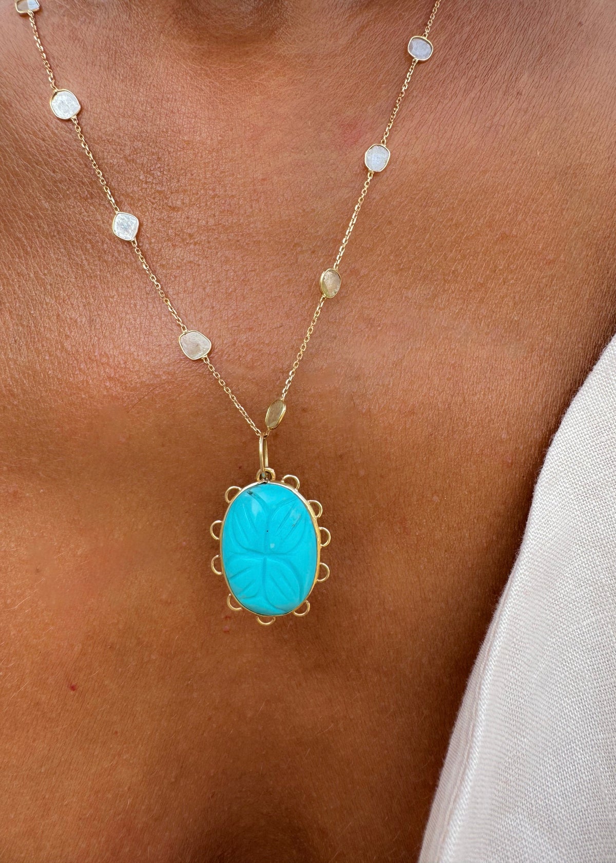 Polki Diamond Necklace and Howlite Turquoise Pendant