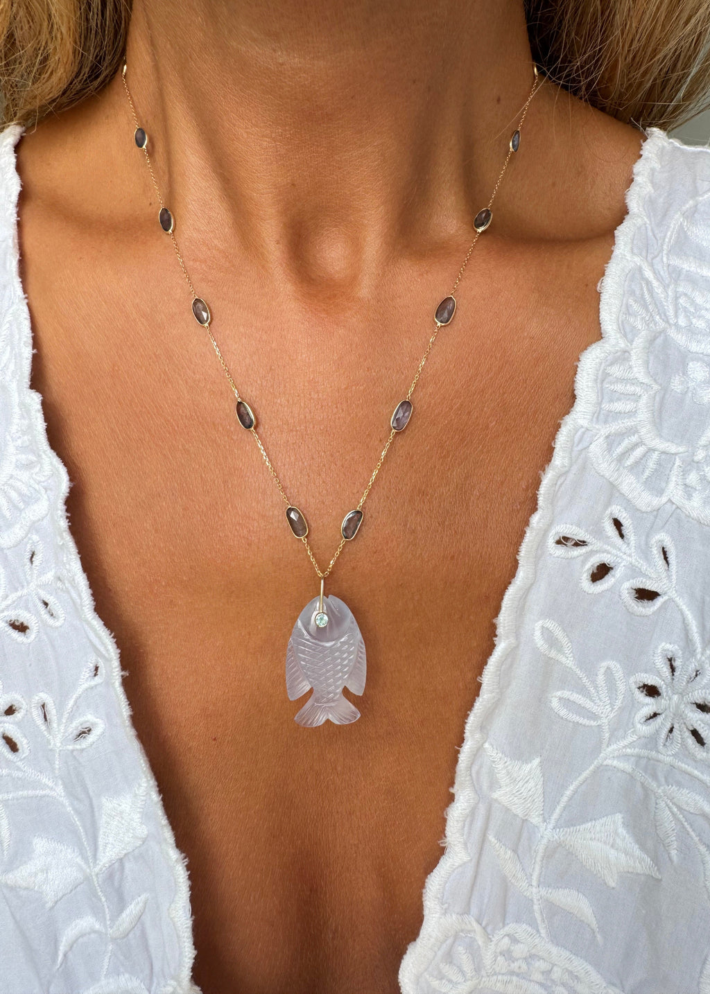 Blue Chalcedony Fish Sapphire Necklace