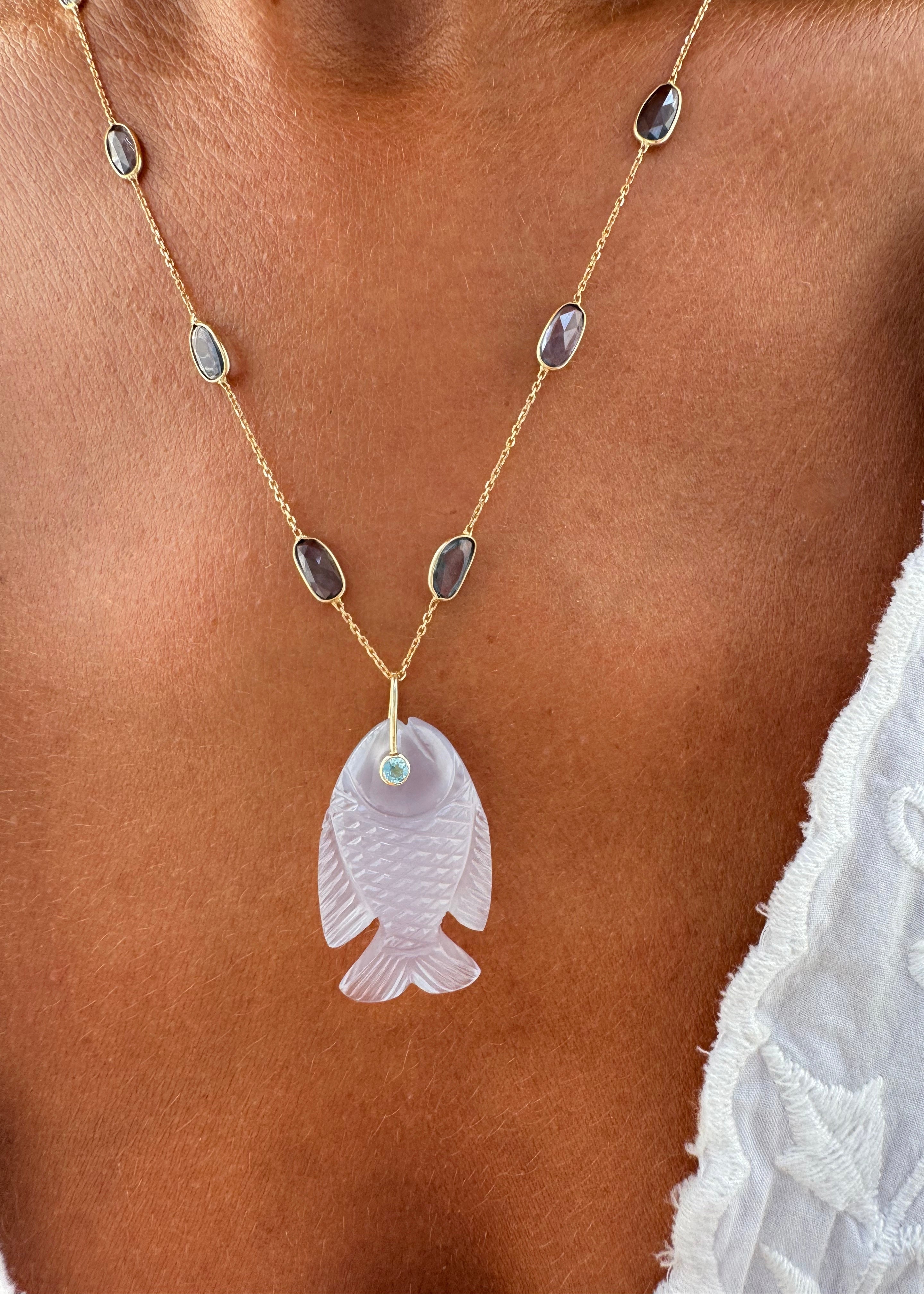 Blue Chalcedony Fish Sapphire Necklace