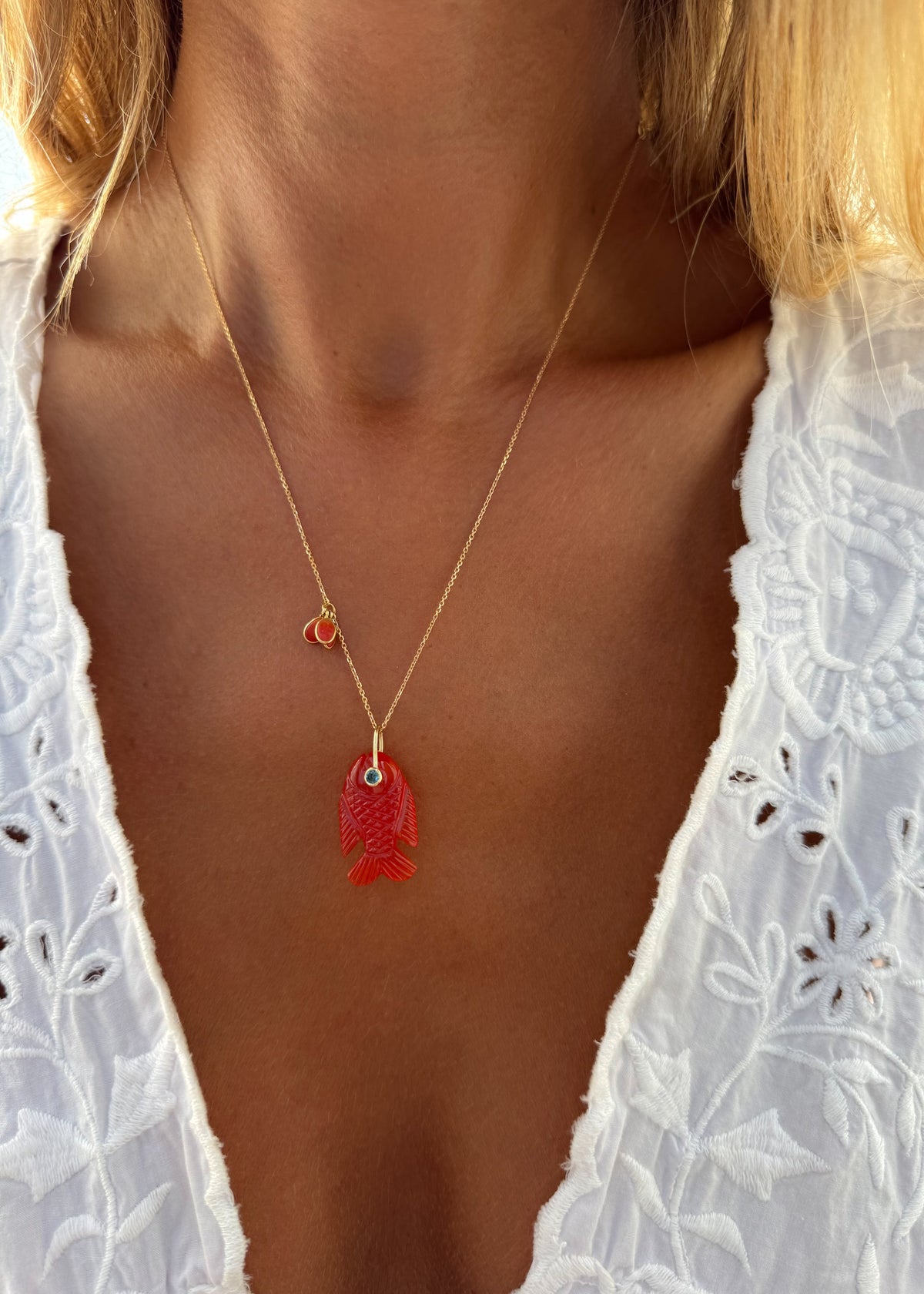 Carnelian-Chalcedony Fish & Coral Drop Necklace
