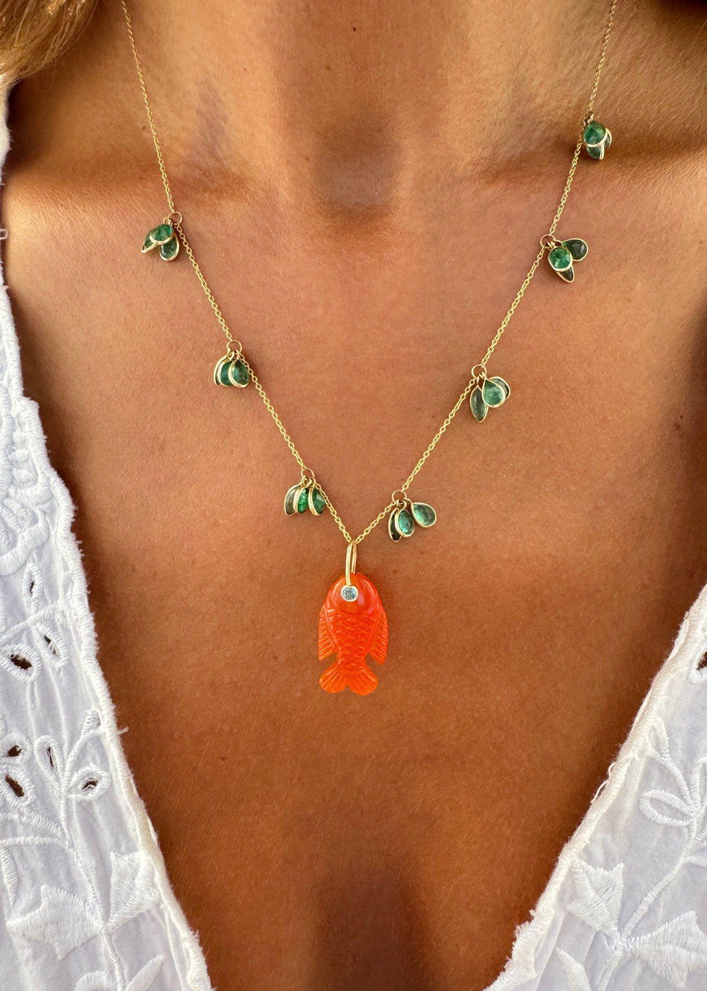 Emerald Drop Necklace & Orange Chalcedony Small Fish