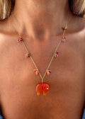 18K Gold Coral Necklace with Carnelian Chalcedony Elephant Pendant