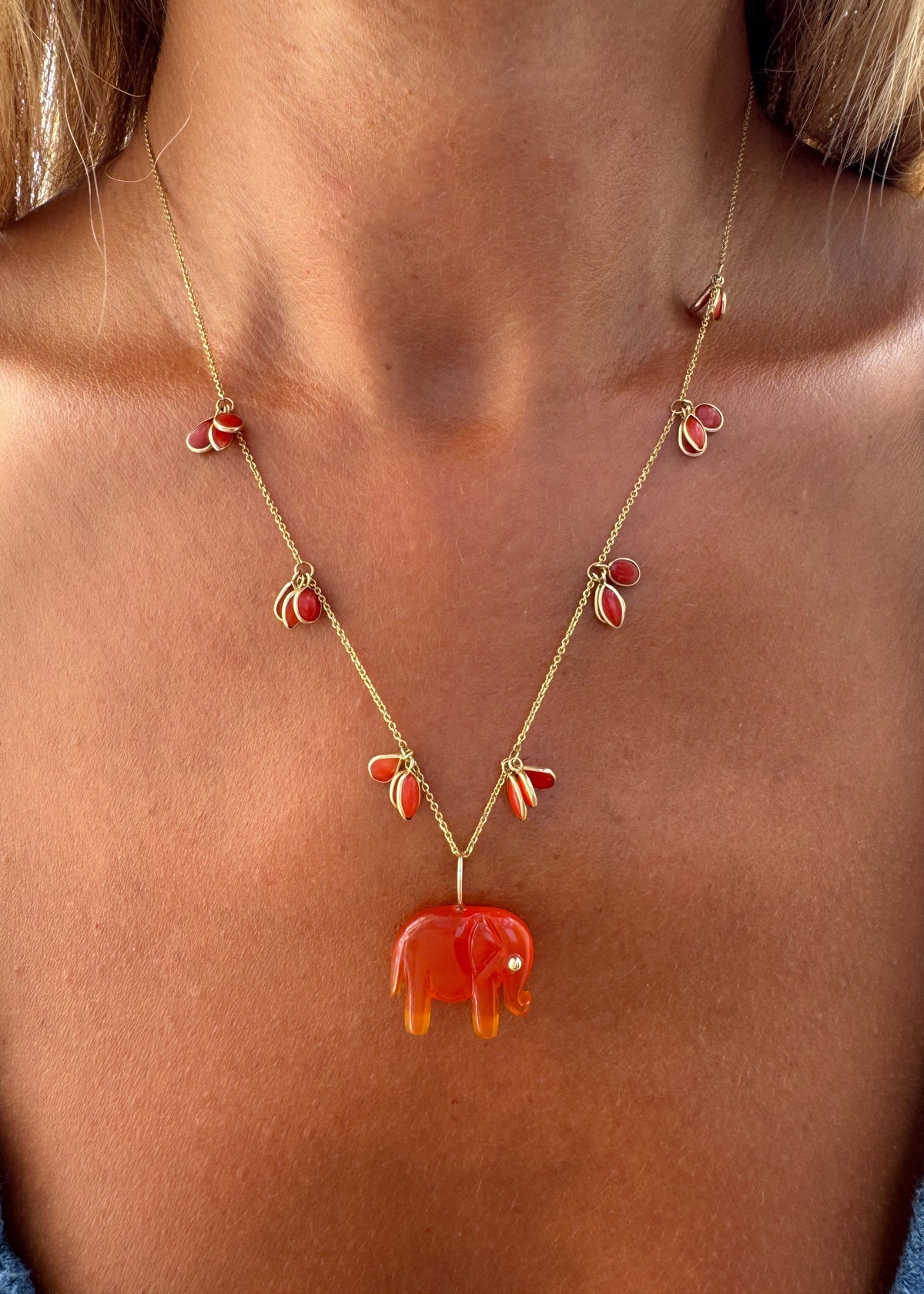 18K Gold Coral Necklace with Carnelian Chalcedony Elephant Pendant