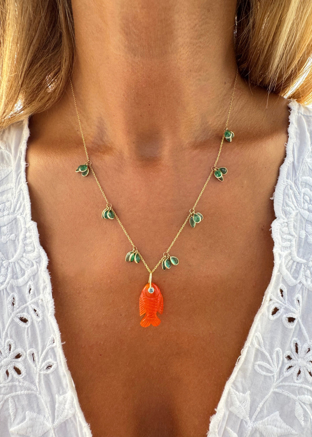 Emerald Drop Necklace & Orange Chalcedony Small Fish