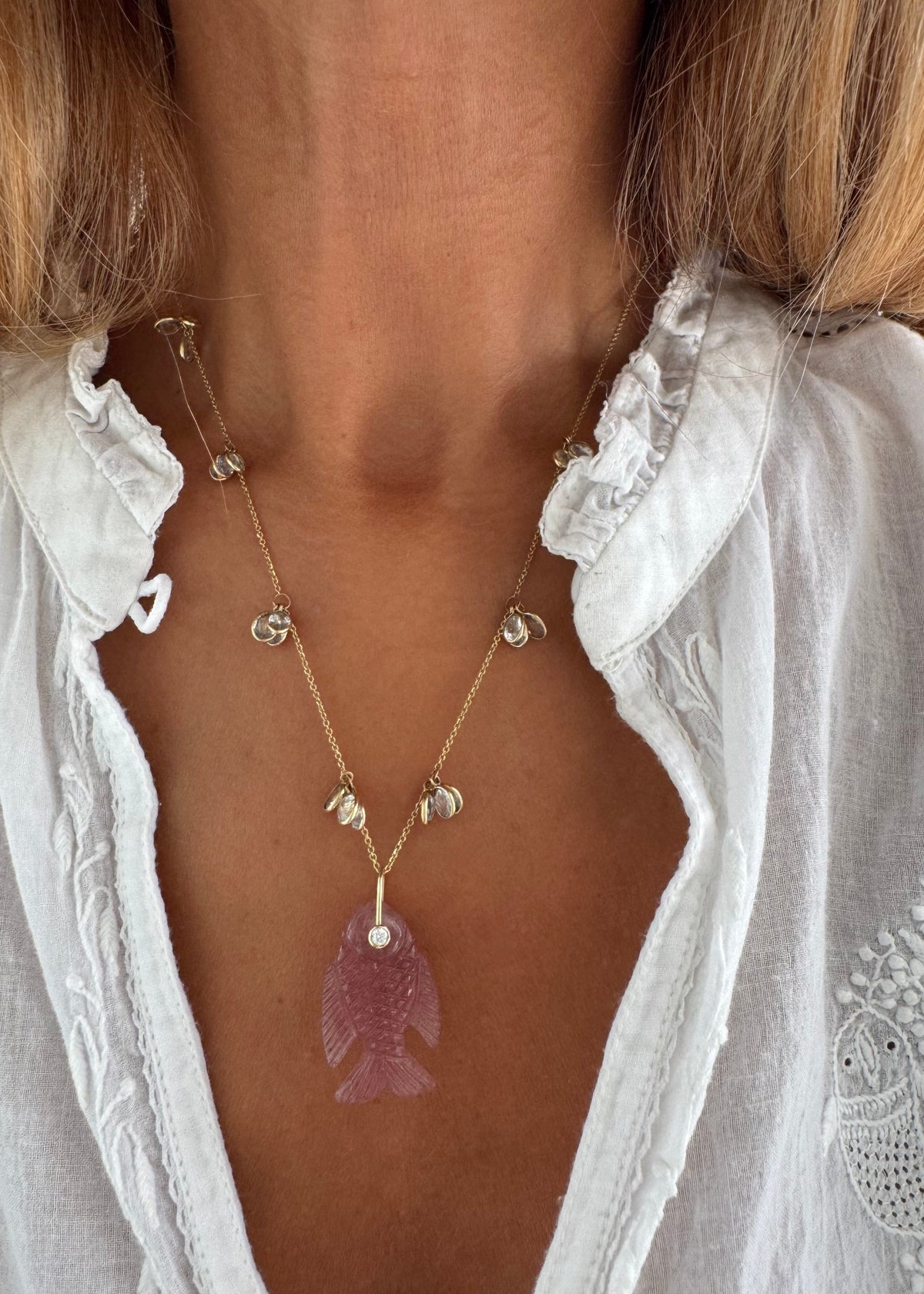 White Sapphire Necklace and Strawberry Quartz Fish