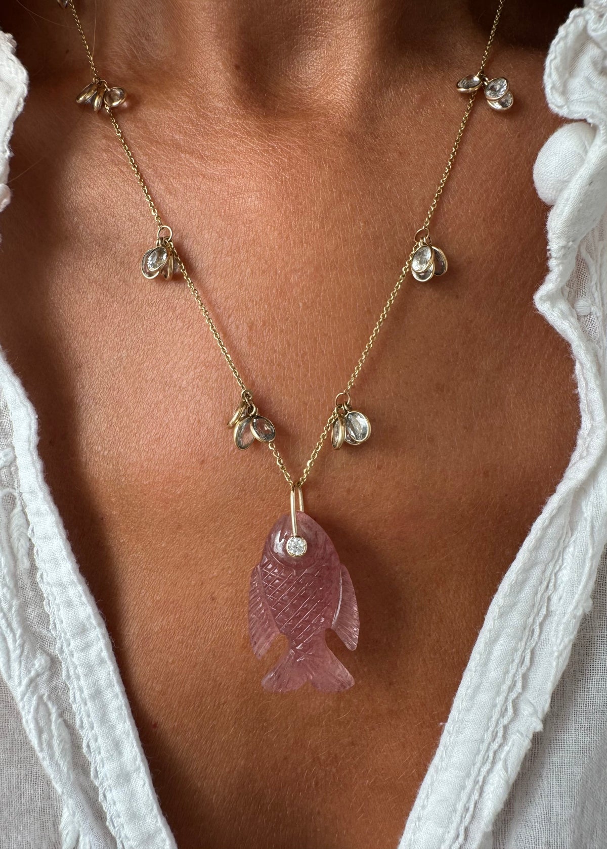 White Sapphire Necklace and Strawberry Quartz Fish