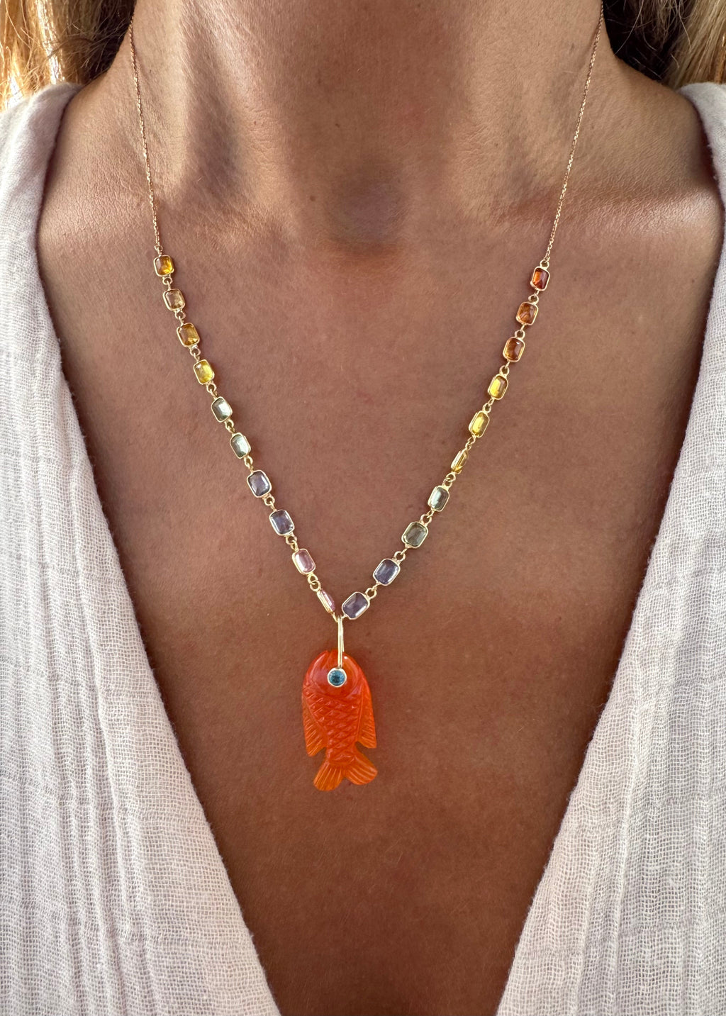 Multicolour Sapphire Necklace and Orange Carnelian Chalcedony Fish Pendant