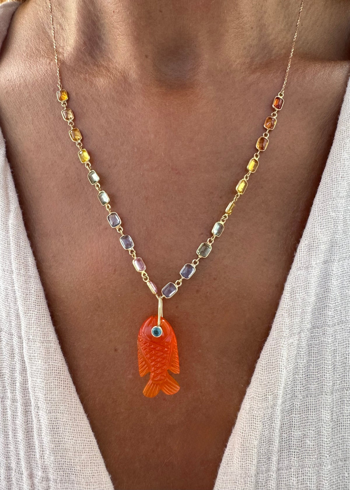Multicolour Sapphire Necklace and Orange Carnelian Chalcedony Fish Pendant