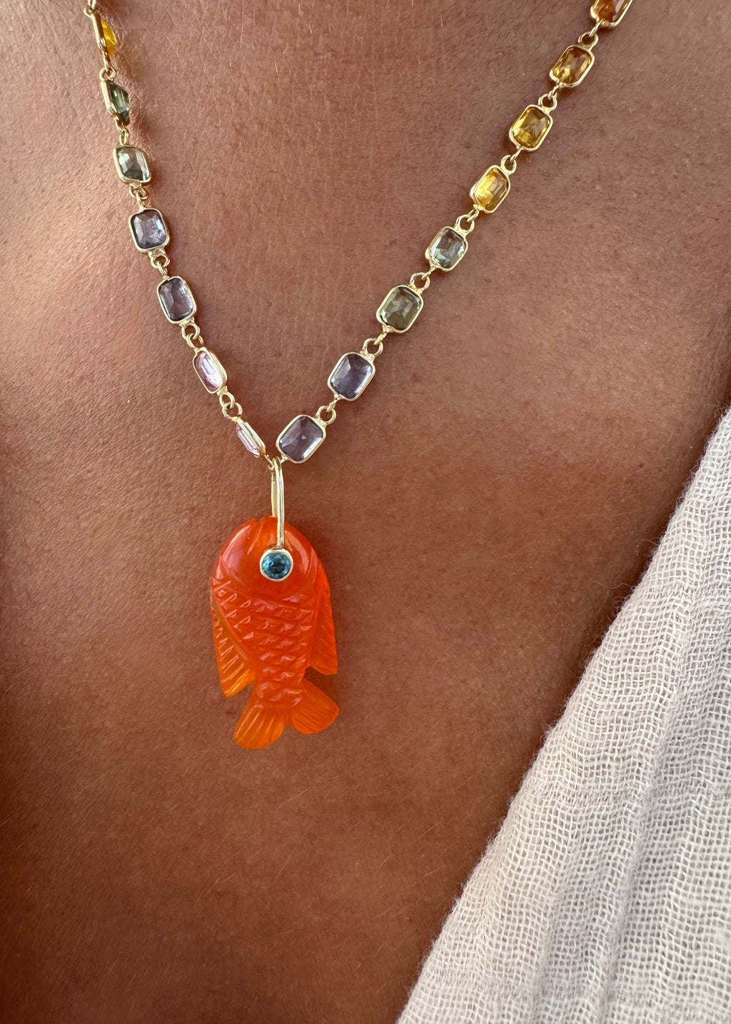 Multicolour Sapphire Necklace and Orange Carnelian Chalcedony Fish Pendant