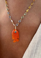 Multicolour Sapphire Necklace and Orange Carnelian Chalcedony Fish Pendant