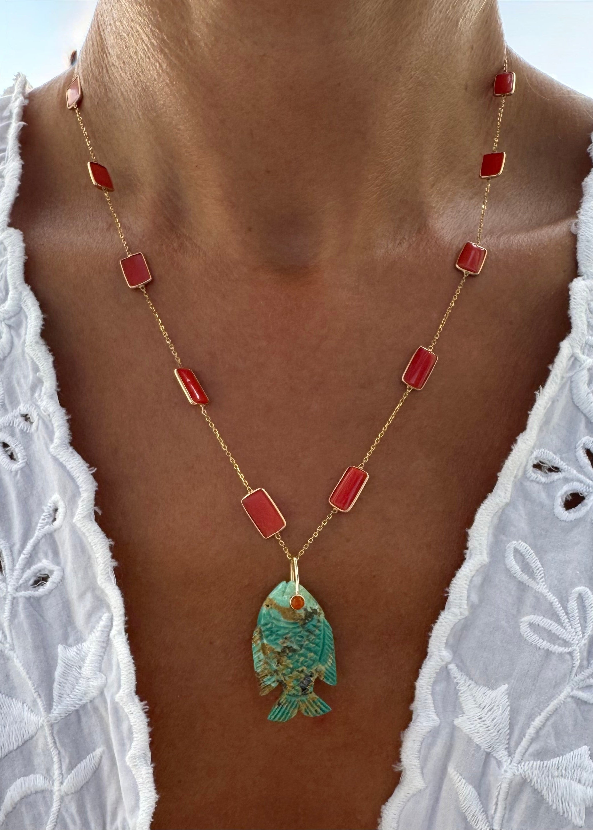 Coral Necklace with Turquoise Fish