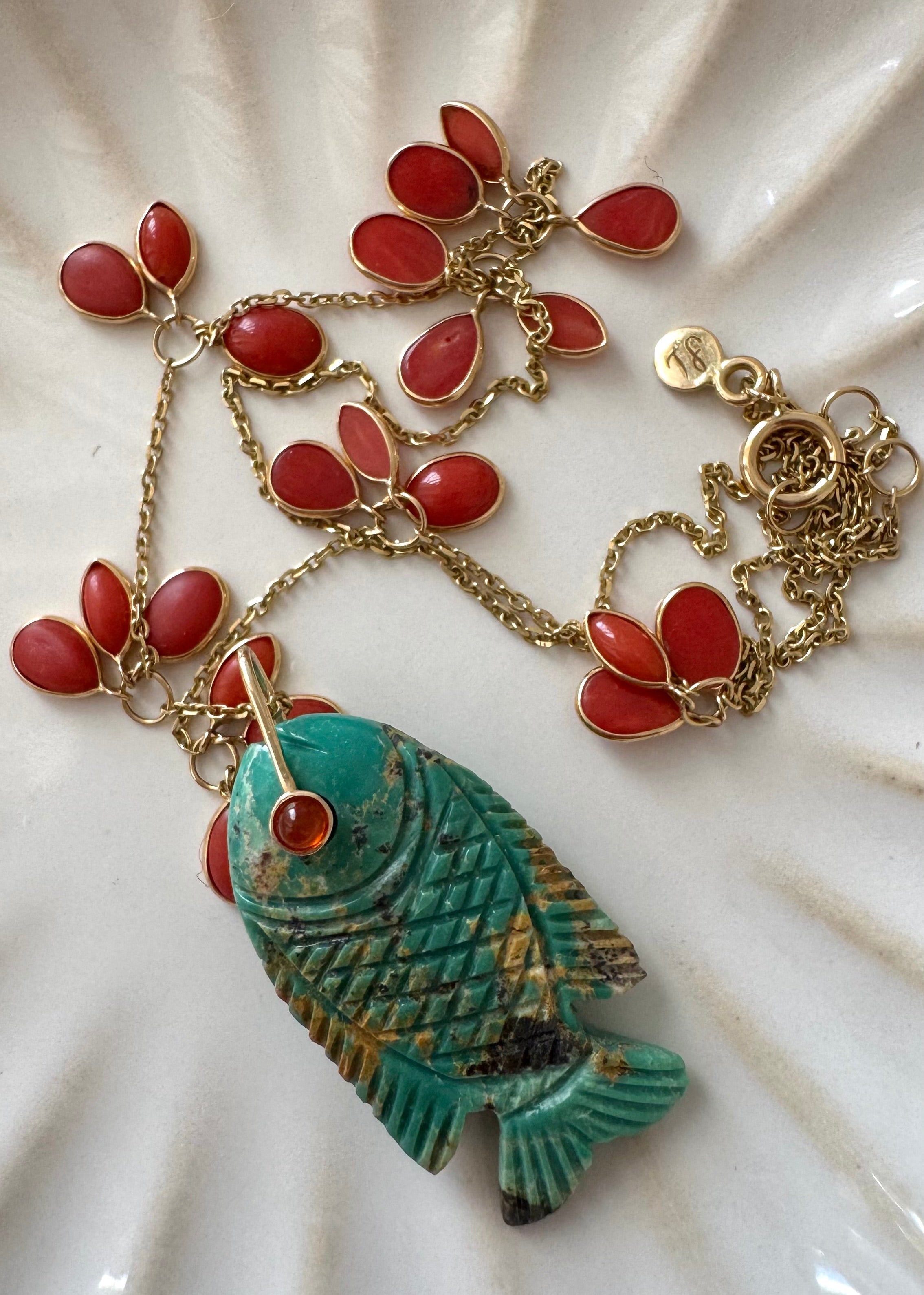 Coral Necklace with Turquoise Fish