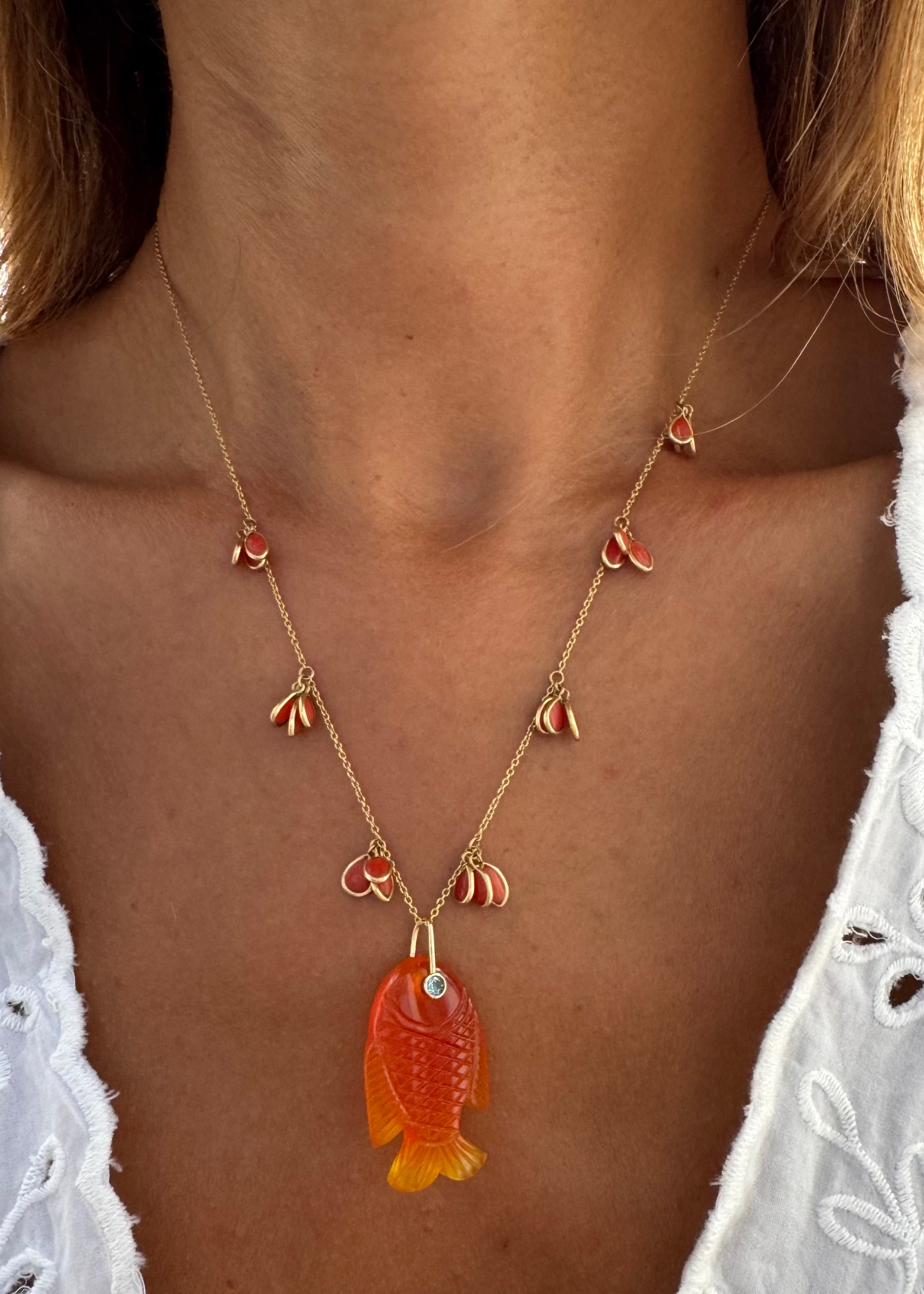 Coral Necklace with Carnelian-Chalcedony Fish