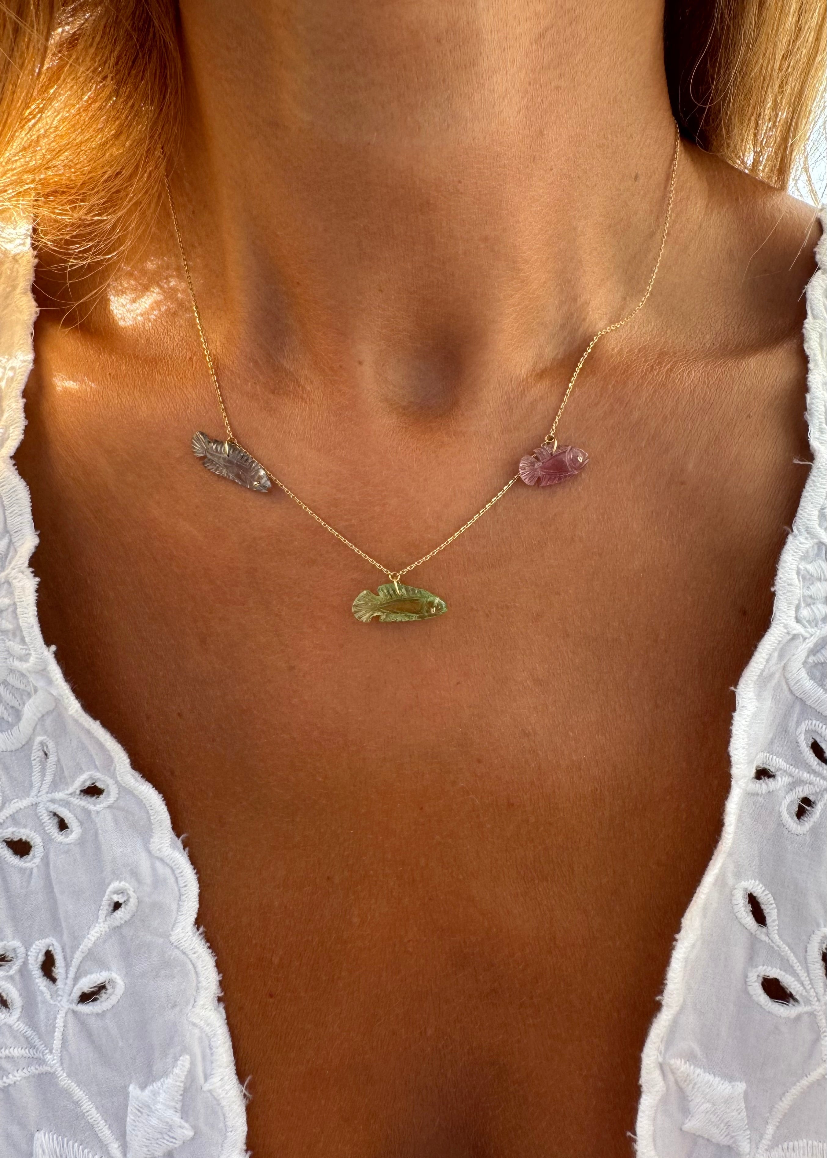 Three Tourmaline Fish Necklace