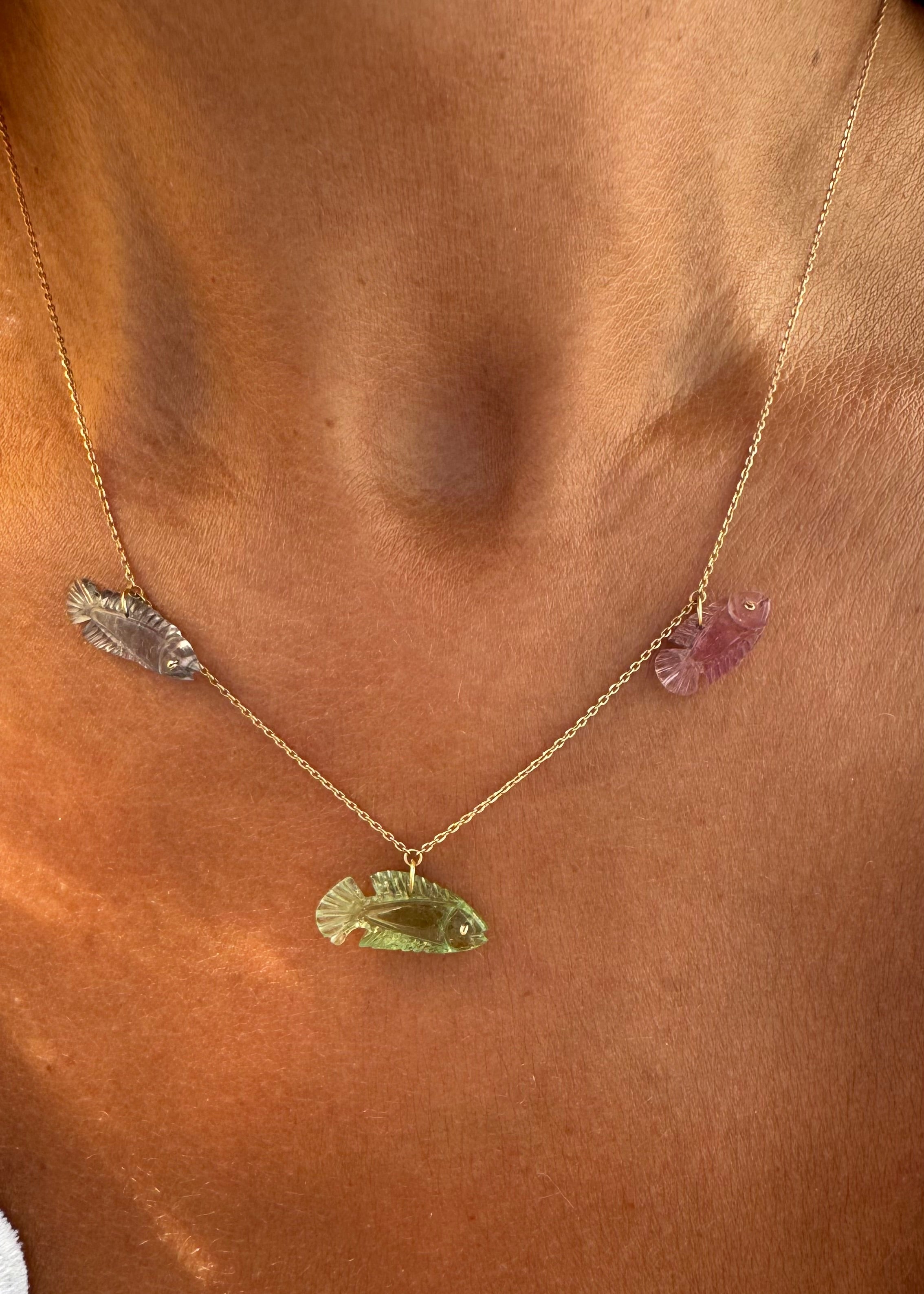 Three Tourmaline Fish Necklace