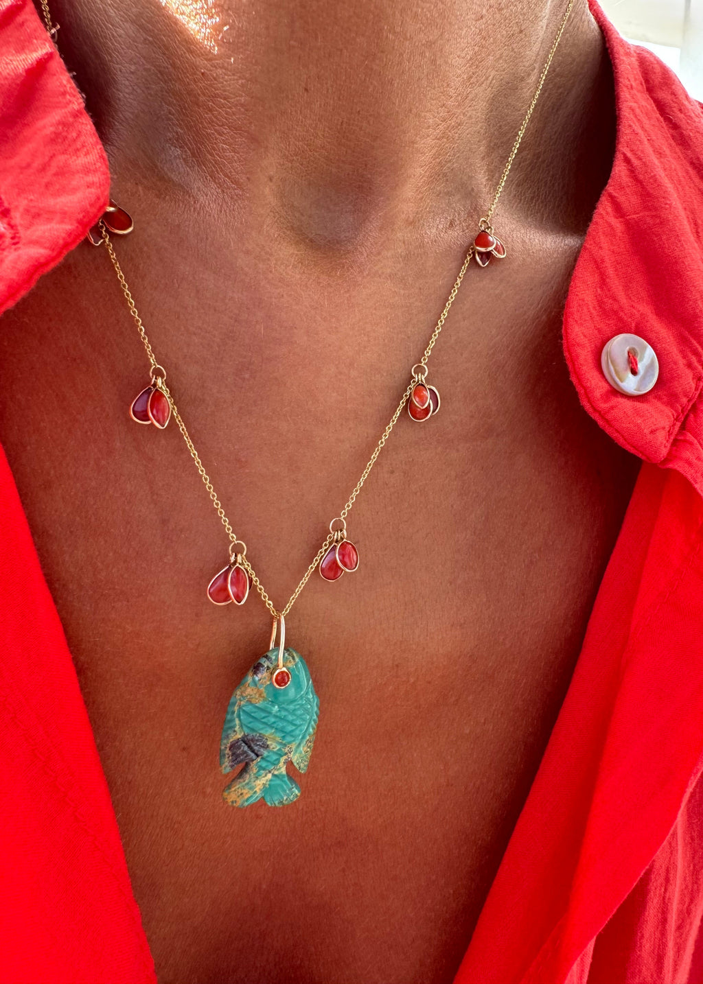 Coral Necklace with Small Turquoise Fish