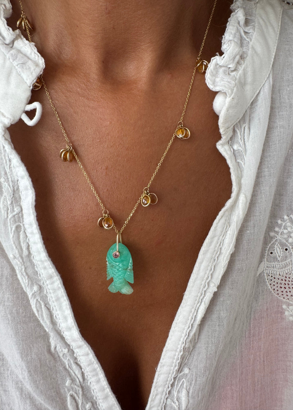 Orange Sapphire Necklace and Chrysoprase Fish